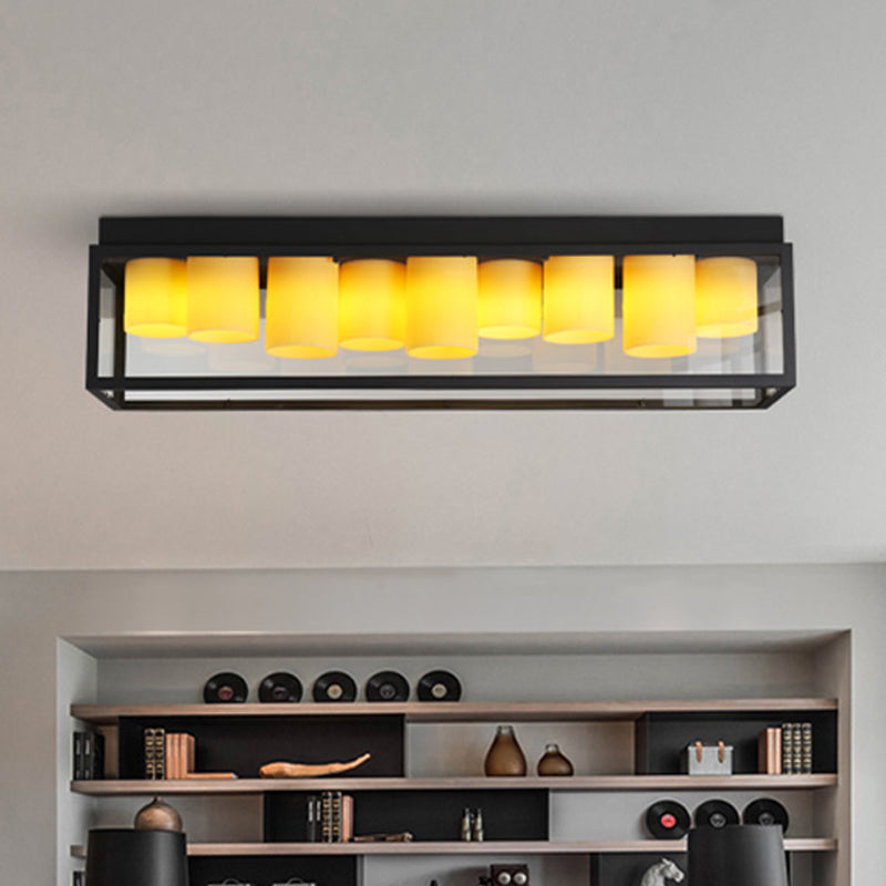 Country Rectangle Flush Light Fixture 9 Bulbs Clear Glass Ceiling Lighting with Inner Beige Marble Shade