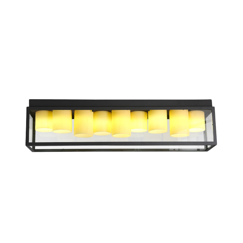 Country Rectangle Flush Light Fixture 9 Bulbs Clear Glass Ceiling Lighting with Inner Beige Marble Shade
