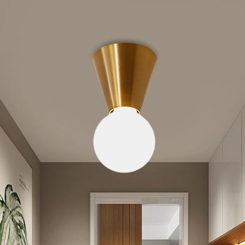 Small Cone Corridor Ceiling Flush Metal Single Minimalist Flush Mounted Lamp in Brass with Bottom Orb Glass Shade