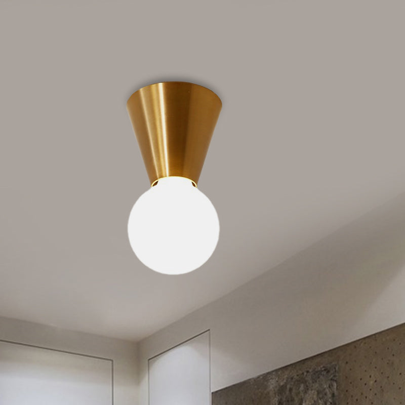 Small Cone Corridor Ceiling Flush Metal Single Minimalist Flush Mounted Lamp in Brass with Bottom Orb Glass Shade