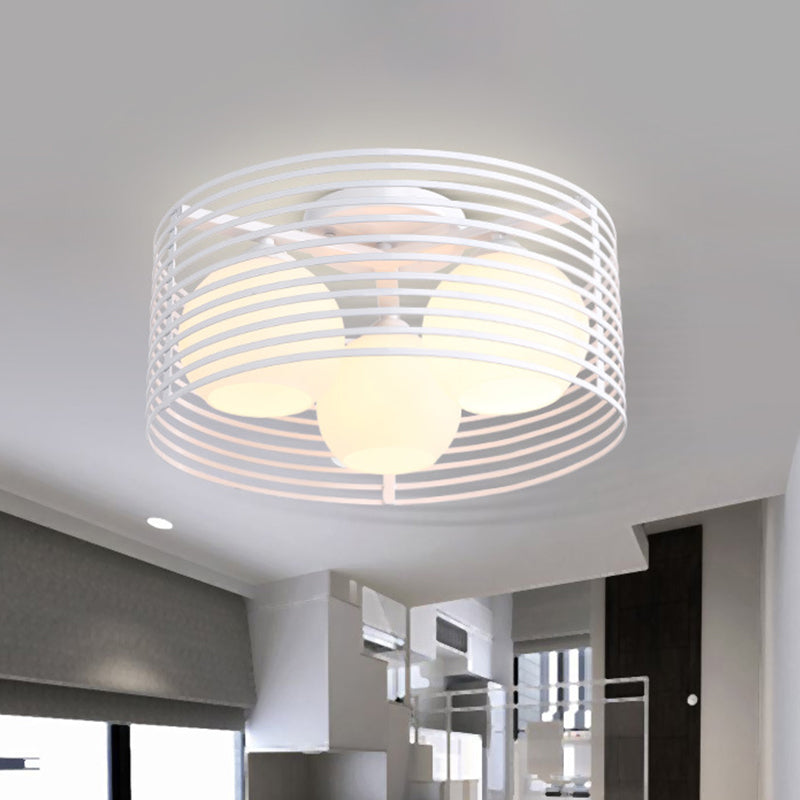 Luz de techo empotrada contemporánea de 3 cabezales con cúpula de vidrio abierta y jaula de tambor en blanco y negro