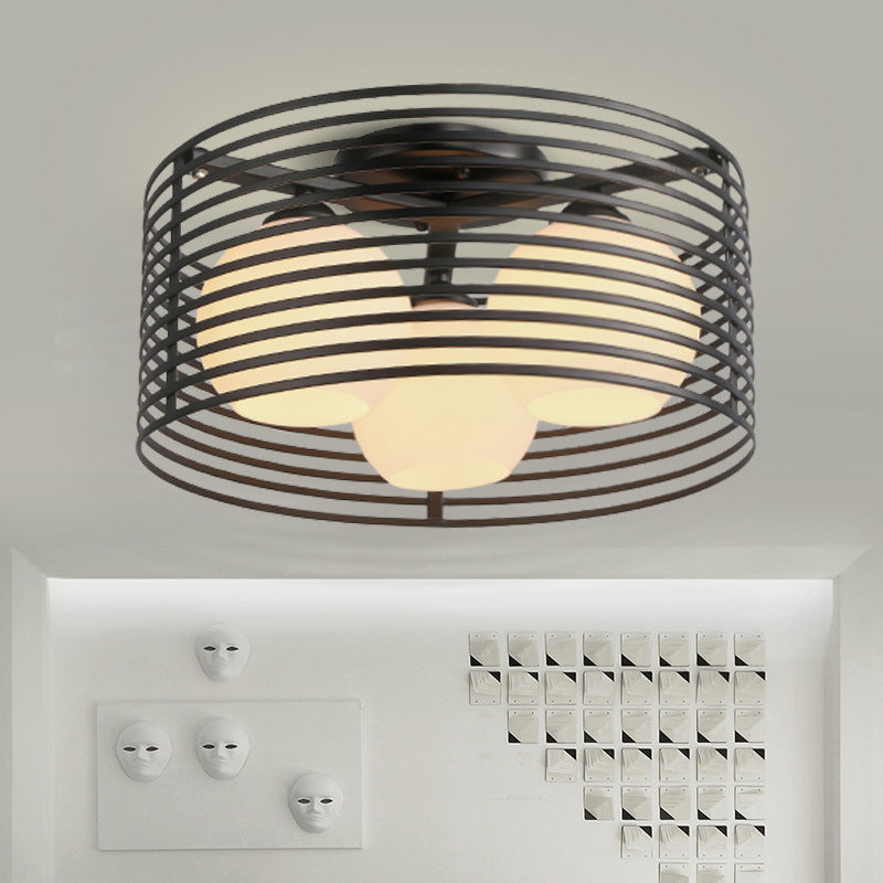 Luz de techo empotrada contemporánea de 3 cabezales con cúpula de vidrio abierta y jaula de tambor en blanco y negro