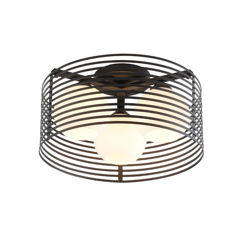 Luz de techo empotrada contemporánea de 3 cabezales con cúpula de vidrio abierta y jaula de tambor en blanco y negro