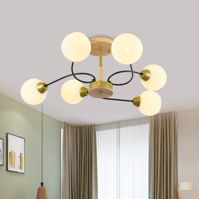 Ball Frosted Weiß Glas Deckenlampe Modernism 6 Lights Gold Semi Flush Mount Chandelier mit Winding Arm