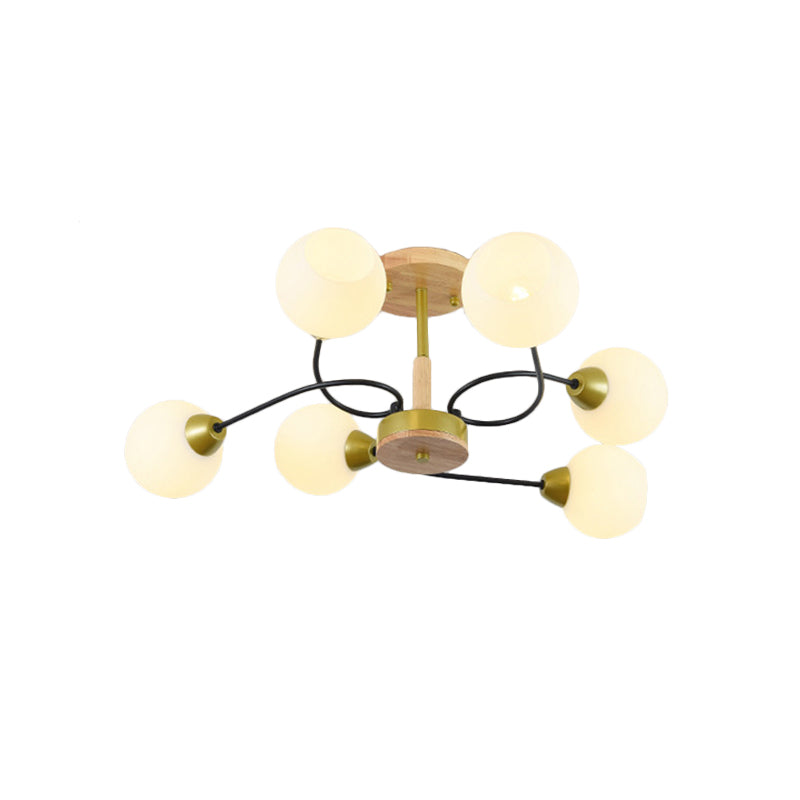 Ball Frosted Weiß Glas Deckenlampe Modernism 6 Lights Gold Semi Flush Mount Chandelier mit Winding Arm