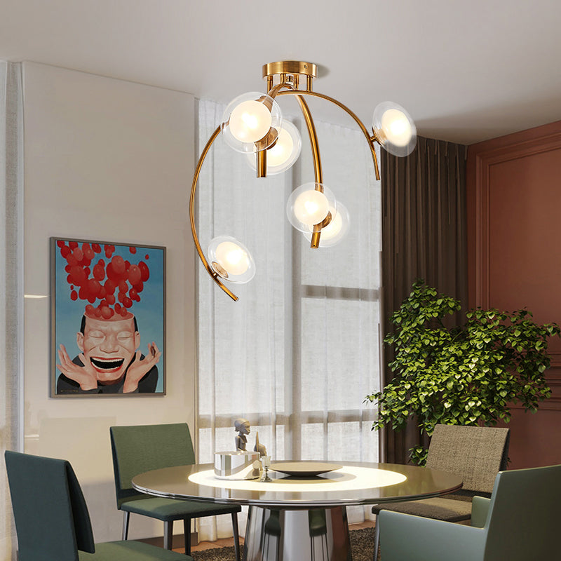 Vintage Dual Orb Shade Semi Flush transparant glas 6 lampen eettafel spoeling Mount kroonluchter met gouden takje ontwerp