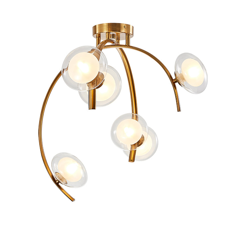 Vintage Dual Orb Shade Semi Flush transparant glas 6 lampen eettafel spoeling Mount kroonluchter met gouden takje ontwerp