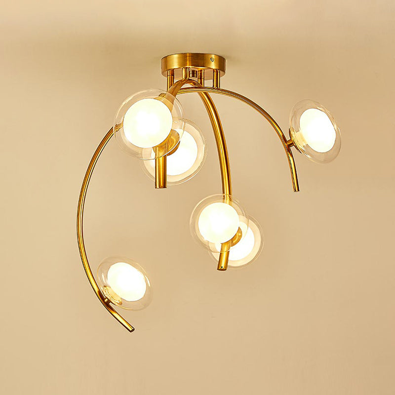 Vintage Dual Orb Shade Semi Flush transparant glas 6 lampen eettafel spoeling Mount kroonluchter met gouden takje ontwerp