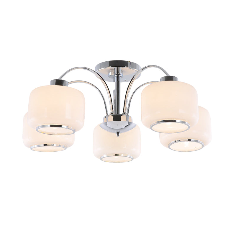 Chrome Arched Semi Flush Light Modern Style 5 Heads Metal Ceiling Mounted Lamp with Drum Opal Glass Shade