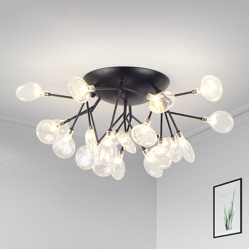Clear Glass Branchlet LED Ceiling Flush Modern 21 Bulbs Black Semi Flush Mount Chandelier in Warm/White Light