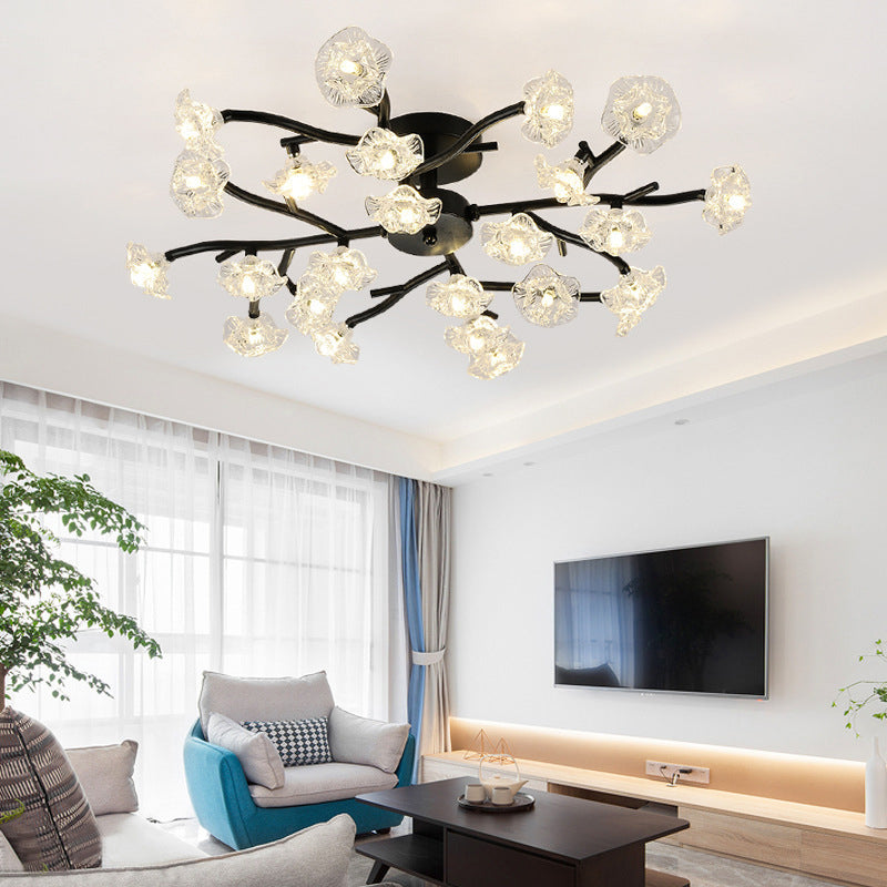Black/Gold Flower Branch Flush Chandelier Modernist 24-Bulb Transparent Glass Semi Flush Mount Ceiling Light