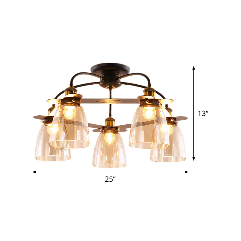 Dome Shade Restaurant Semi Flush Cognac Glass 5 Bulbs Mid Century Style Ceiling Mount Chandelier in Black