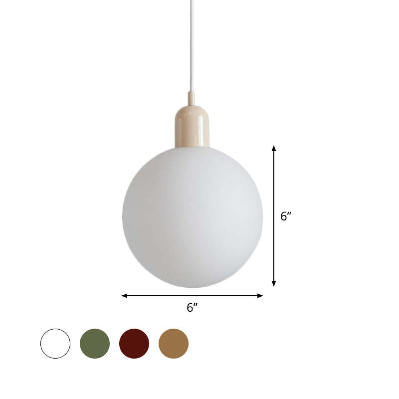 Simple Spherical Opal Glass Drop Pendant 1-Light Hanging Ceiling Light with Red/White/Green Cap