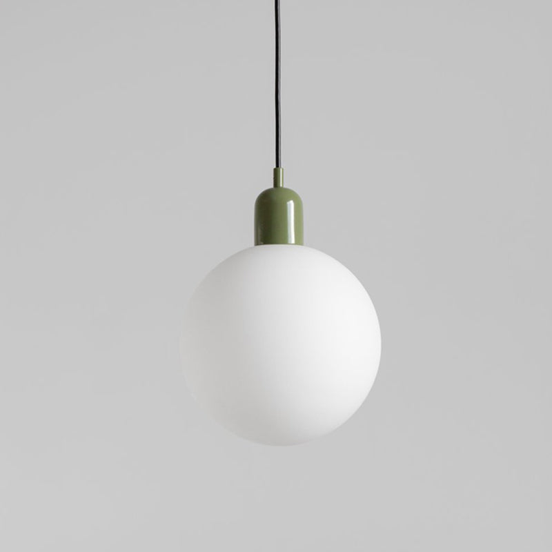 Simple Spherical Opal Glass Drop Pendant 1-Light Hanging Ceiling Light with Red/White/Green Cap