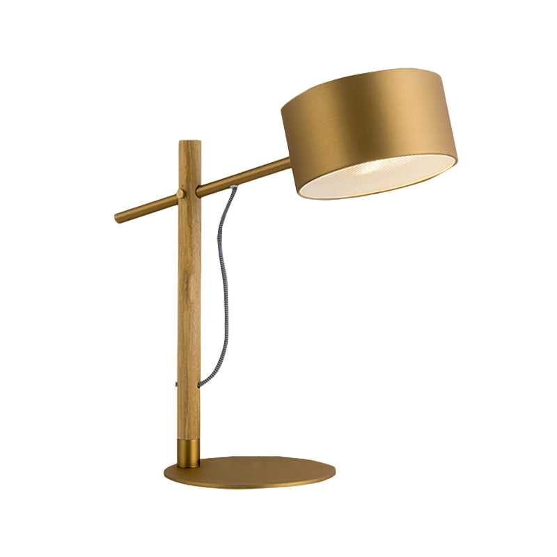 1 Light Drum Shade Wood Table Lamp Colonialism Gold Aluminum Night Light with Base for Bedside