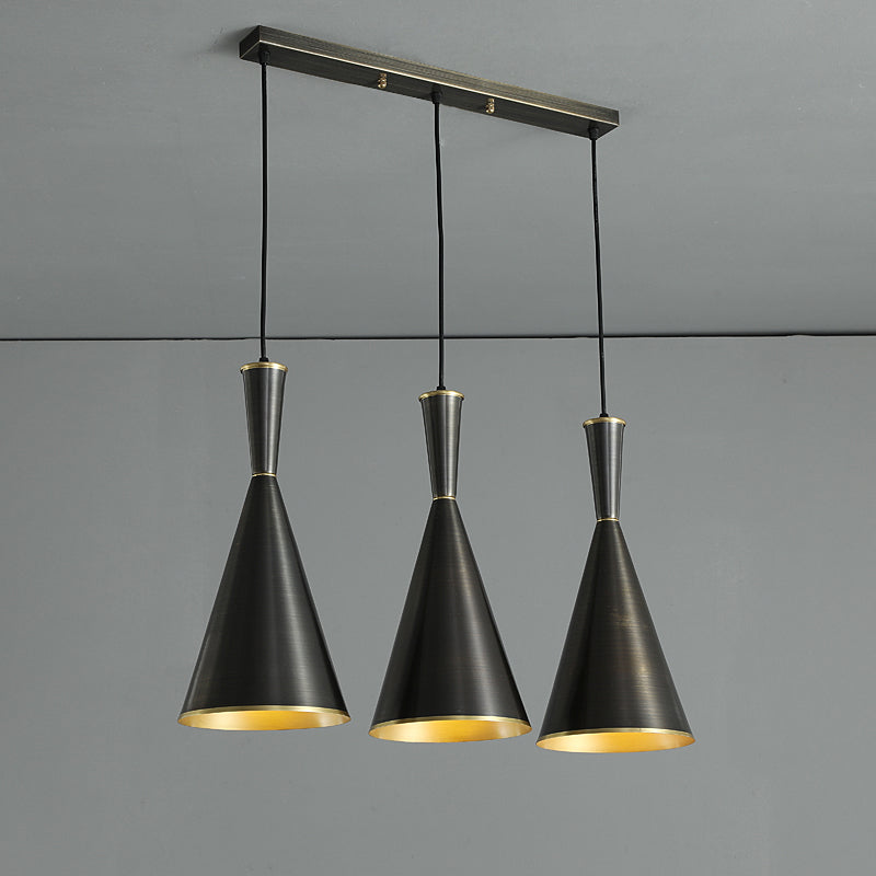 Black/Gold Finish Cluster Horn Pendant Antiqued Metal 3 Lights Kitchen Hanging Lamp with Round/Linear Canopy