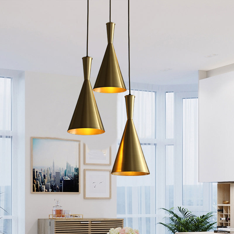 Black/Gold Finish Cluster Horn Pendant Antiqued Metal 3 Lights Kitchen Hanging Lamp with Round/Linear Canopy
