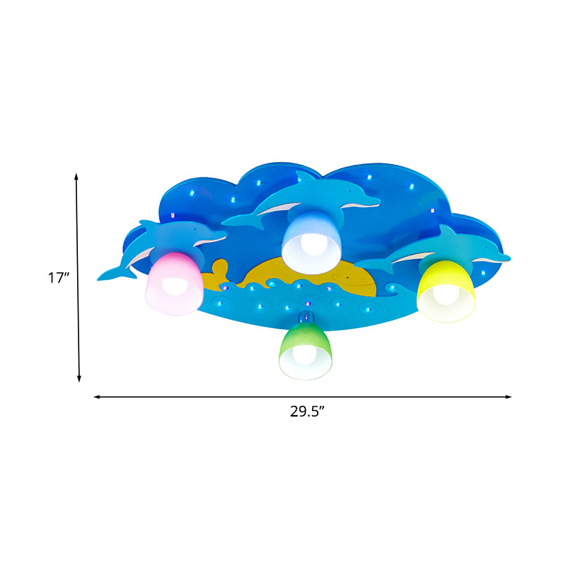Blue Dolphin Flushmount Ceiling Lamp Kids 4 Bulbs Multicolored Glass Flush Mount Recessed Lighting