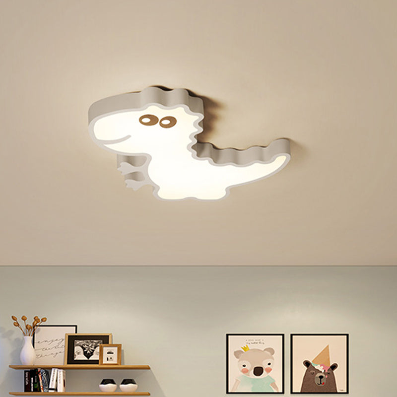 Dinosaur Flush Mount Light Fixture Kids Iron White/Pink/Green LED Close to Ceiling Lighting for Children Bedroom
