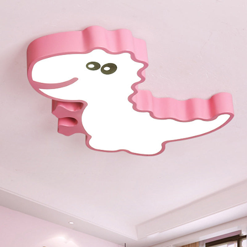 Dinosaur Flush Mount Light Fixture Kids Iron White/Pink/Green LED Close to Ceiling Lighting for Children Bedroom