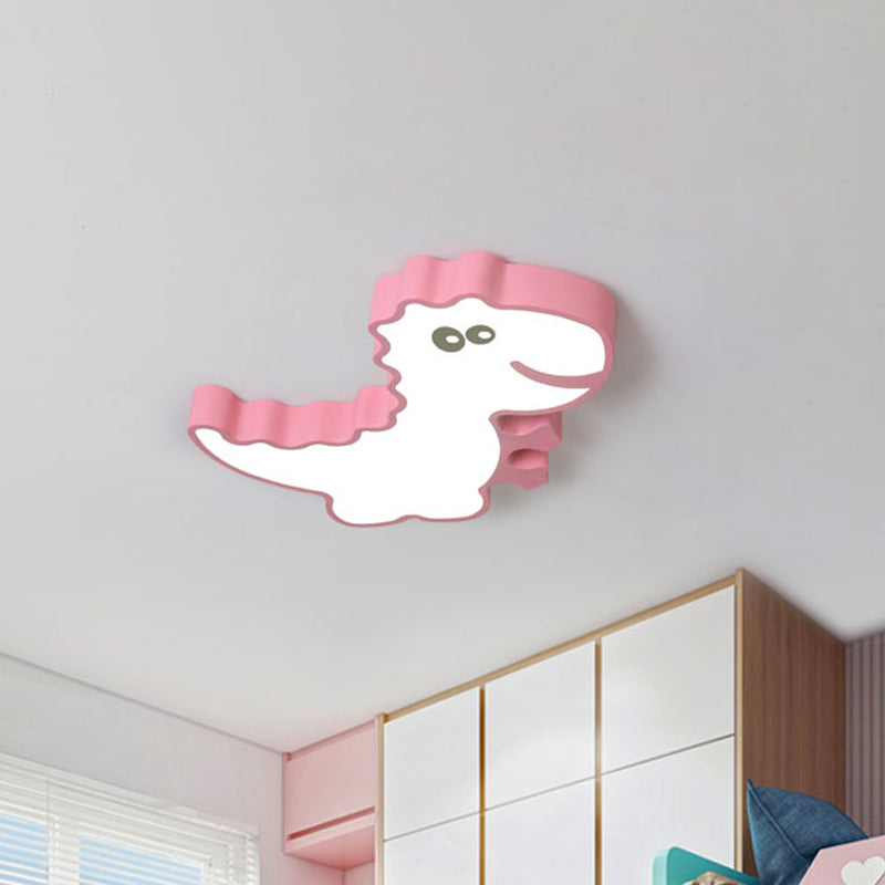 Dinosaur Flush Mount Light Fixture Kids Iron White/Pink/Green LED Close to Ceiling Lighting for Children Bedroom