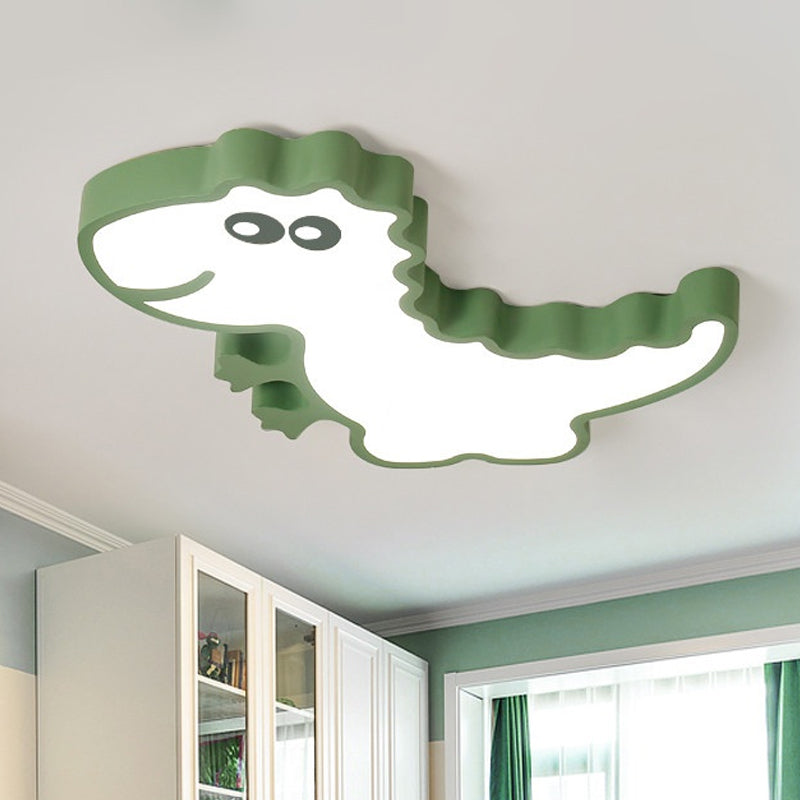 Dinosaur Flush Mount Light Fixture Kids Iron White/Pink/Green LED Close to Ceiling Lighting for Children Bedroom
