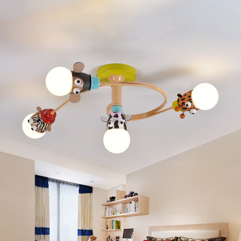 Kids Animal Head Flushmount Frosted Glass 4/5 Bulbs Nursery Flush Ceiling Light with Spiral Design in Yellow