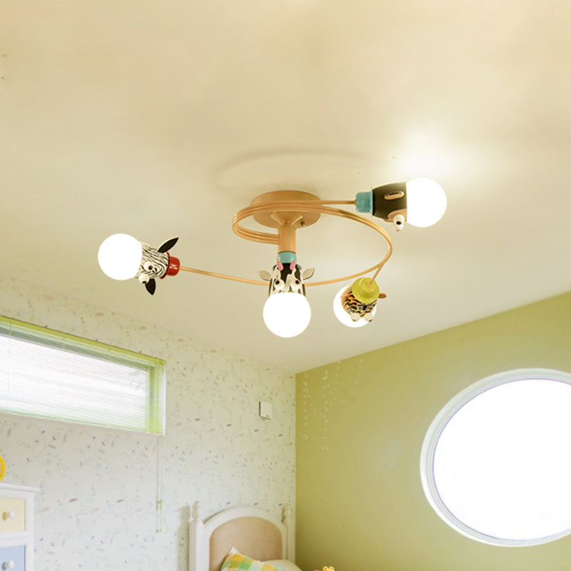 Kids Animal Head Flushmount Frosted Glass 4/5 Bulbs Nursery Flush Ceiling Light with Spiral Design in Yellow