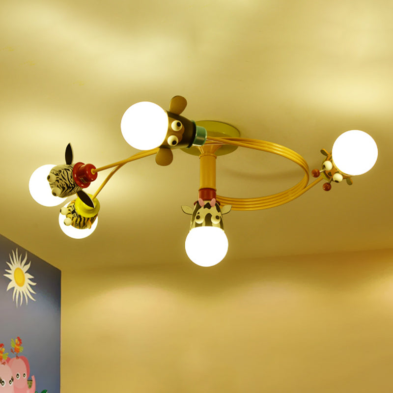 Kids Animal Head Flushmount Frosted Glass 4/5 Bulbs Nursery Flush Ceiling Light with Spiral Design in Yellow