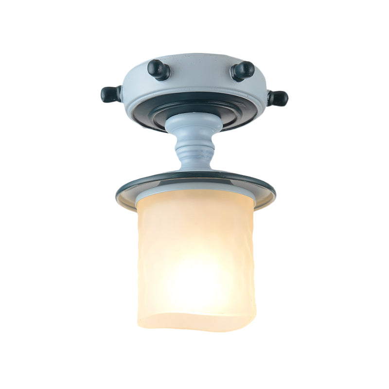 1-Licht-Korridor Halbblush Mount Mediterrane Blue Flush Light mit zylindrischem Opalglas Schatten