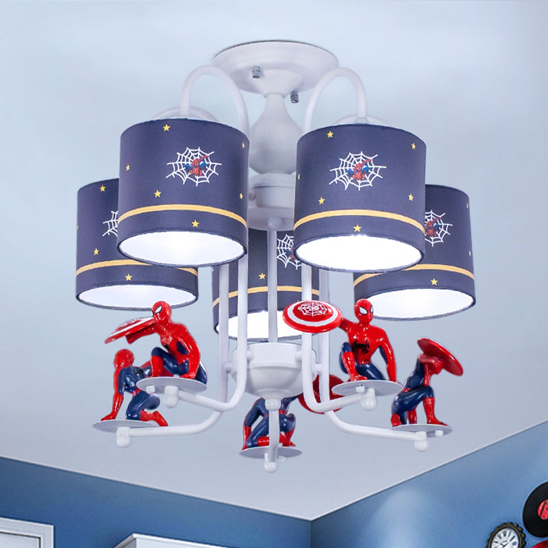 Azul Cilíndrico semi rascador de techo niños 5 luces 5 luces de montura de montura de tela con caricatura