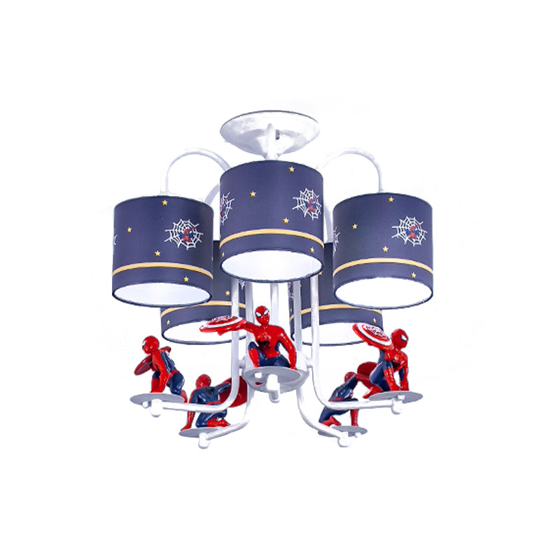 Azul Cilíndrico semi rascador de techo niños 5 luces 5 luces de montura de montura de tela con caricatura