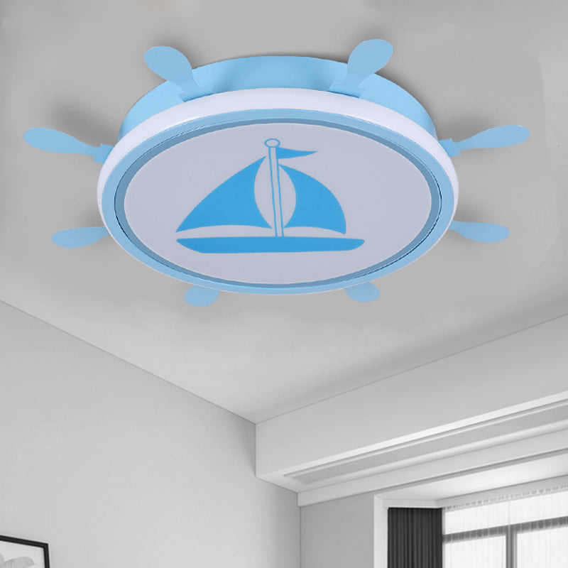 Rudder Flush-Mount Light Fixture Mediterranean Acrylic LED Bedroom Flushmount with Sailboat Pattern in Blue/White, 18"/21.5" W