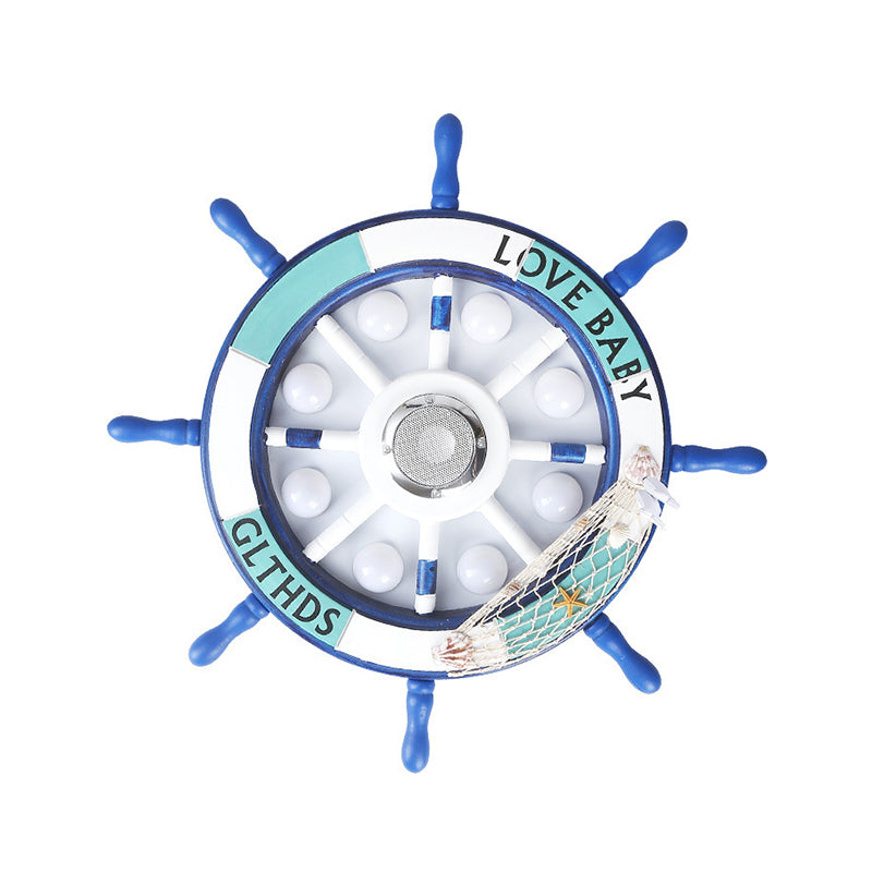 18"/25.5" W Blue Rudder Flush Light Fixture Mediterranean LED Wooden Flush Mount Recessed Lighting for Boys Bedroom