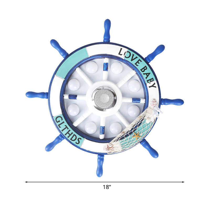 18"/25.5" W Blue Rudder Flush Light Fixture Mediterranean LED Wooden Flush Mount Recessed Lighting for Boys Bedroom