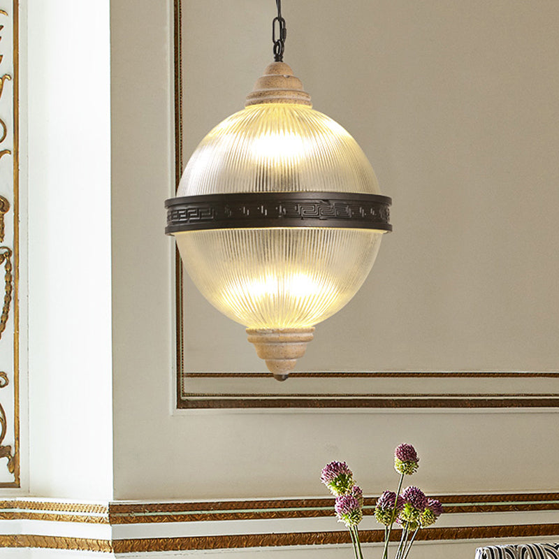 6-Bulb Chandelier Lighting Rural Living Room Pendant Light Fixture with Globe Clear Ribbed Glass Shade