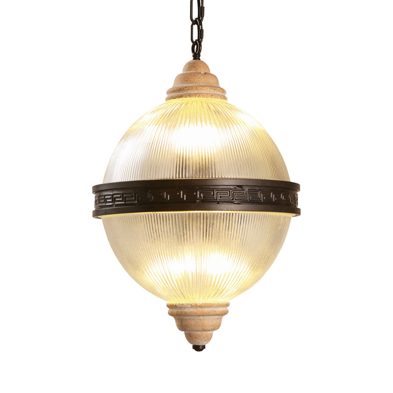 6-Bulb Chandelier Lighting Rural Living Room Pendant Light Fixture with Globe Clear Ribbed Glass Shade