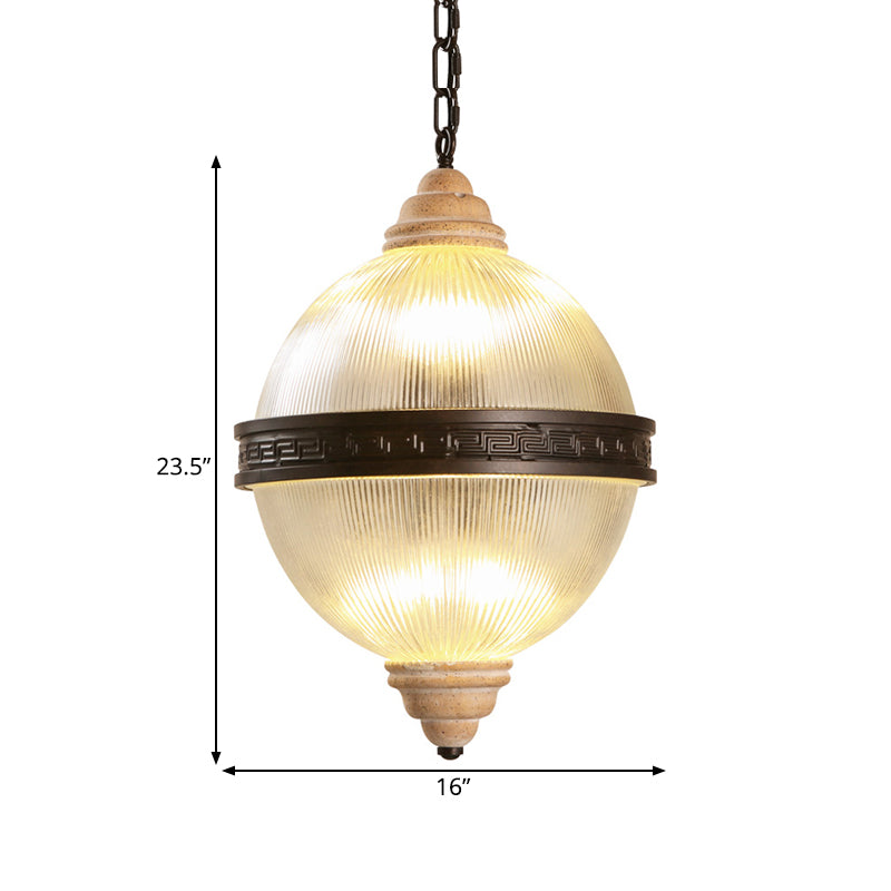 6-Bulb Chandelier Lighting Rural Living Room Pendant Light Fixture with Globe Clear Ribbed Glass Shade