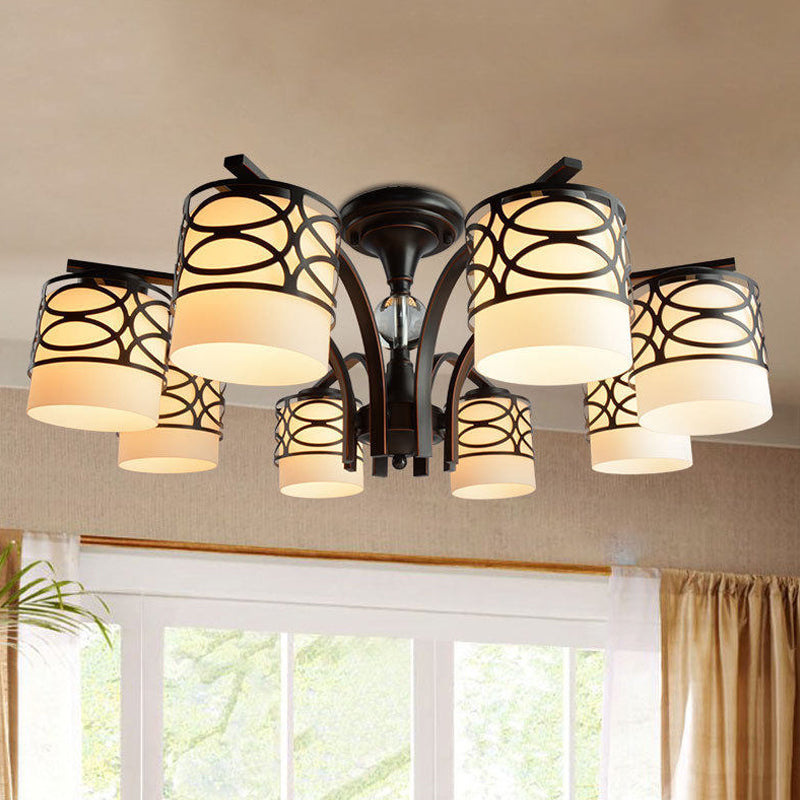 Cilinder woonkamer semi spoeling licht armatuur rustieke opaalglas 3/6/8 koppen zwarte metalen dicht bij plafondlamp