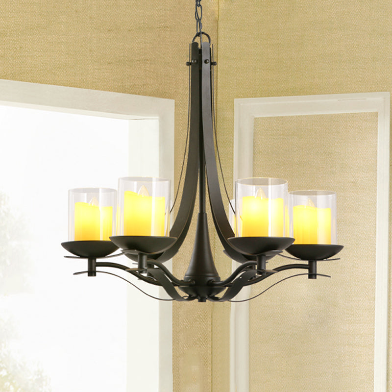 Cilinder helder glas kroonluchter lichtbeveiliging land 6-licht eetkamer metalen hanger lamp in zwart