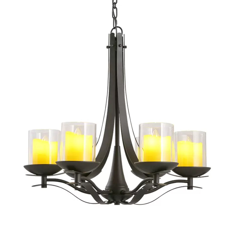 Cilinder helder glas kroonluchter lichtbeveiliging land 6-licht eetkamer metalen hanger lamp in zwart
