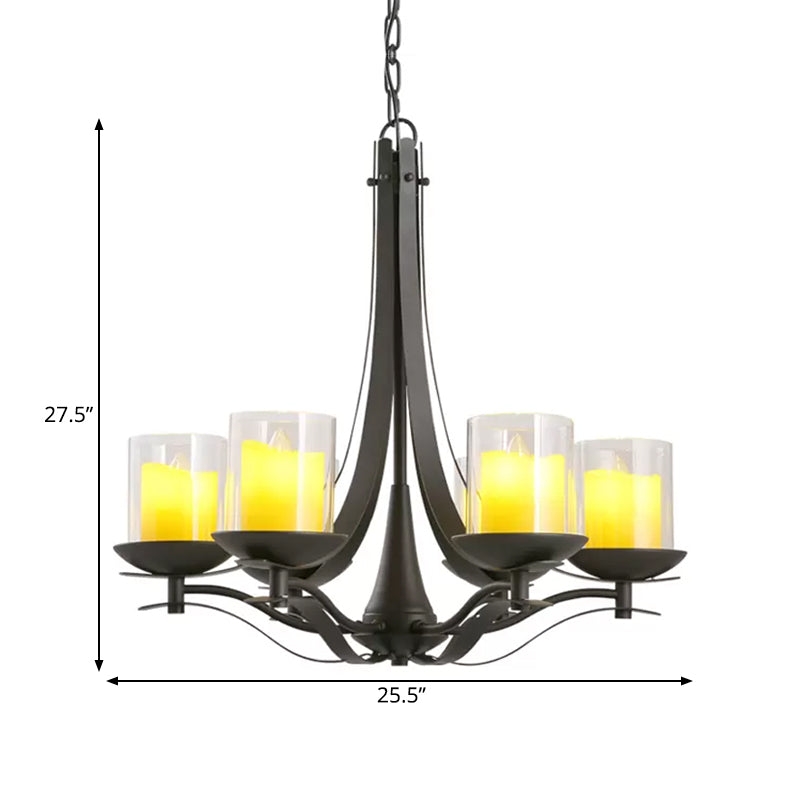 Cilinder helder glas kroonluchter lichtbeveiliging land 6-licht eetkamer metalen hanger lamp in zwart