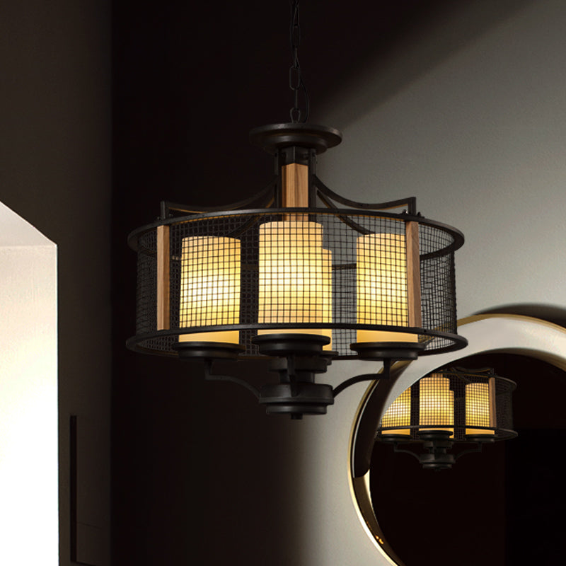 Zwarte cilinderhangende kroonluchter traditionele stijl matig glas 4 koppen woonkamer hanglampje lichtkit met drumkooi