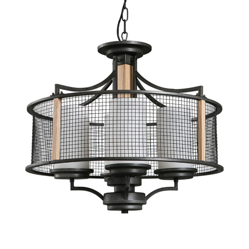 Zwarte cilinderhangende kroonluchter traditionele stijl matig glas 4 koppen woonkamer hanglampje lichtkit met drumkooi