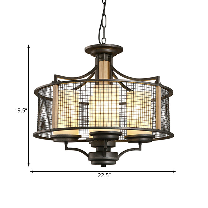 Zwarte cilinderhangende kroonluchter traditionele stijl matig glas 4 koppen woonkamer hanglampje lichtkit met drumkooi