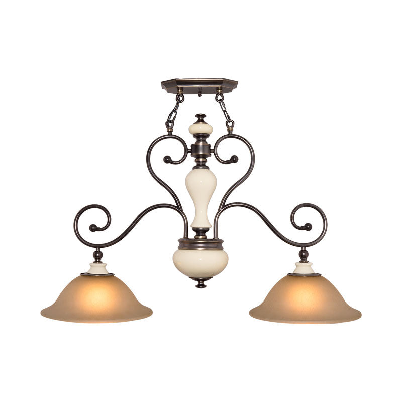 White Glass Black Island Lamp Flared 2 Heads Countryside Style Chandelier Light with Curvy Arm for Dining Room
