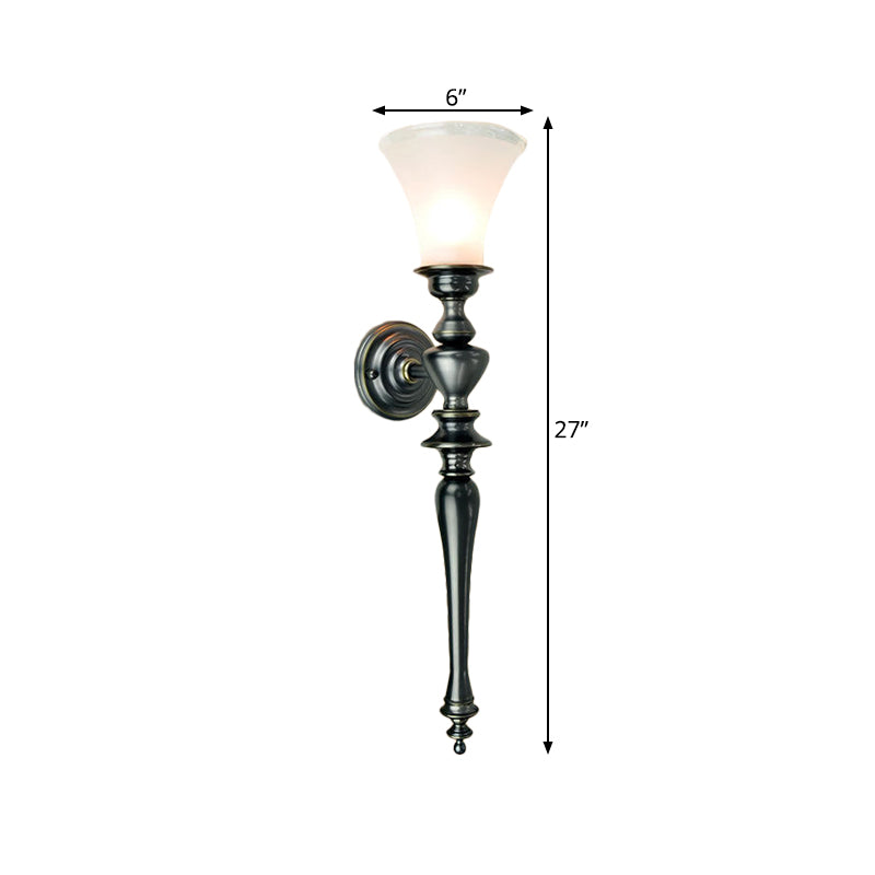 Black Flared Wall Lamp Retro Cream Glass 1 Head Living Room Wall Sconce with Linear Metal Arm