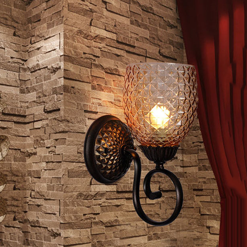 Ribbed Glass Black Wall Sconce Tulip 1 Light Traditionalist Wall Light Fixture for Living Room