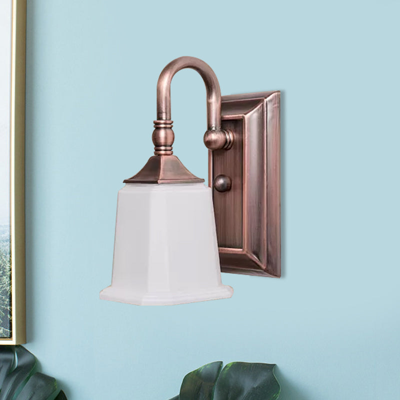 Retro Flared Wall Sconce Lighting 1-Head Cream Glass Wall Light Fixture in Copper with Gooseneck Arm