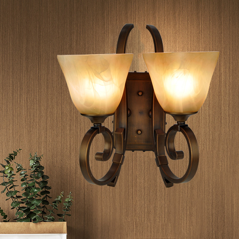 Traditional Bell Sconce Lighting 2 Bulbs Frosted Glass Wall Mounted Lamp in Bronze with Scrolling Arm
